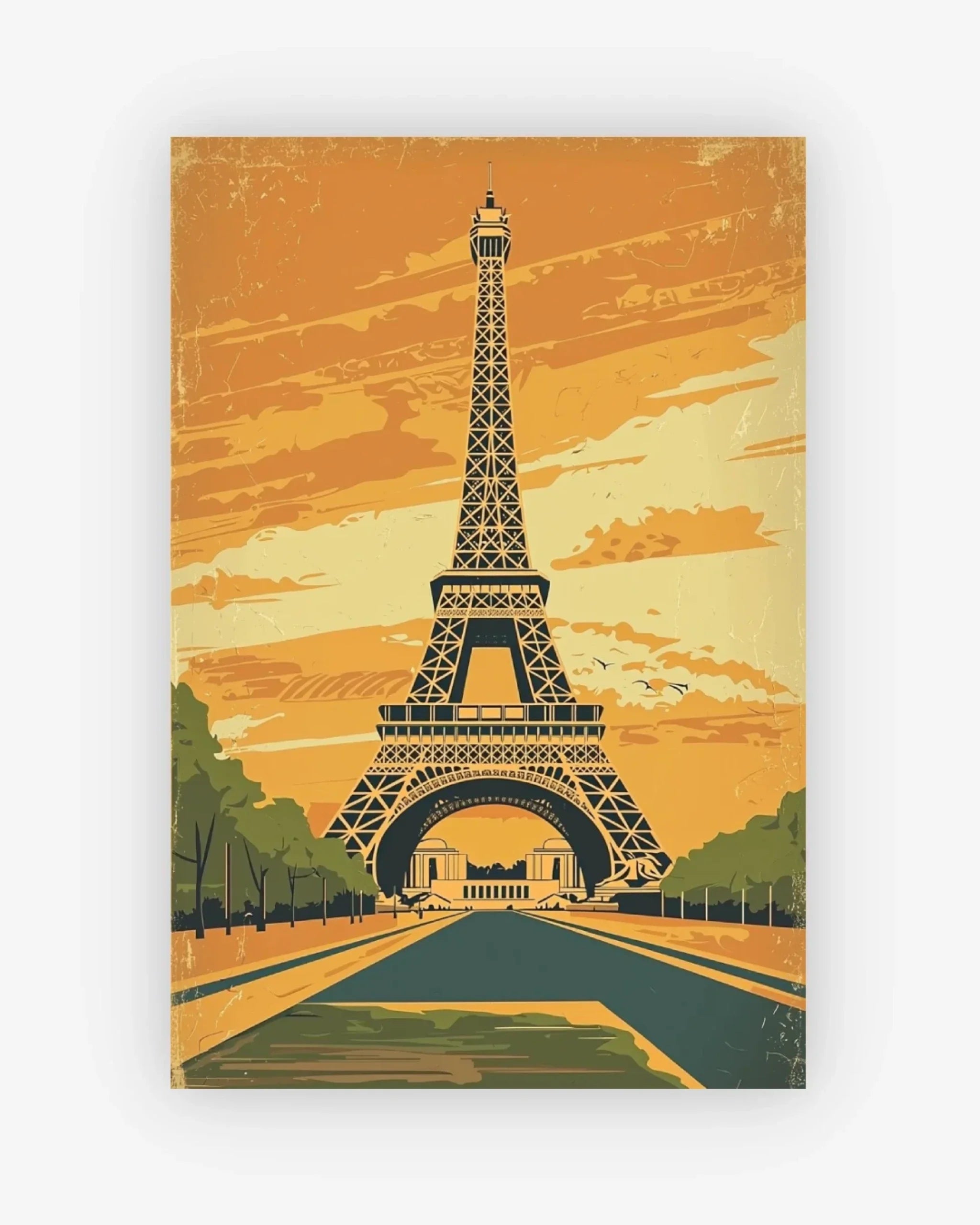 Vintage-style illustration of the Eiffel Tower with a warm color palette.