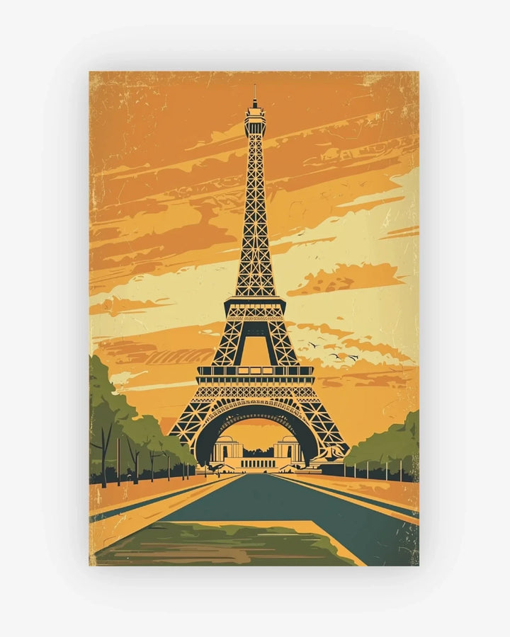 Vintage-style illustration of the Eiffel Tower with a warm color palette.