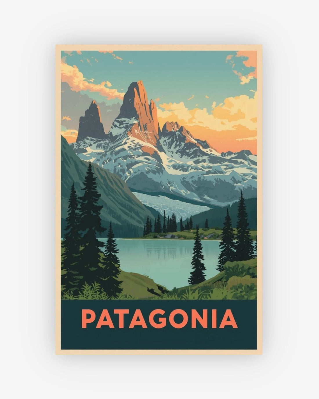 Poster of Patagonia with mountains, lake, and trees on a light gray background