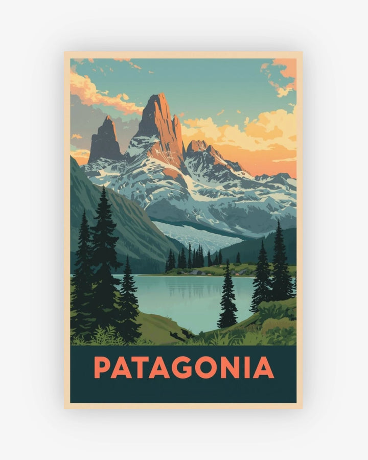 Poster of Patagonia with mountains, lake, and trees on a light gray background