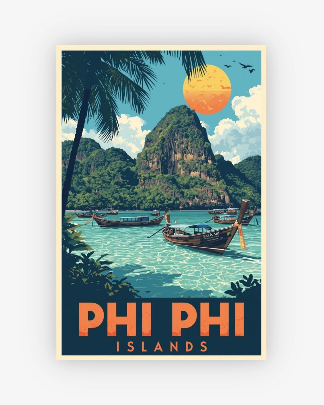 Vintage-style poster of Phi Phi Islands with boats, mountains, and a palm tree.
