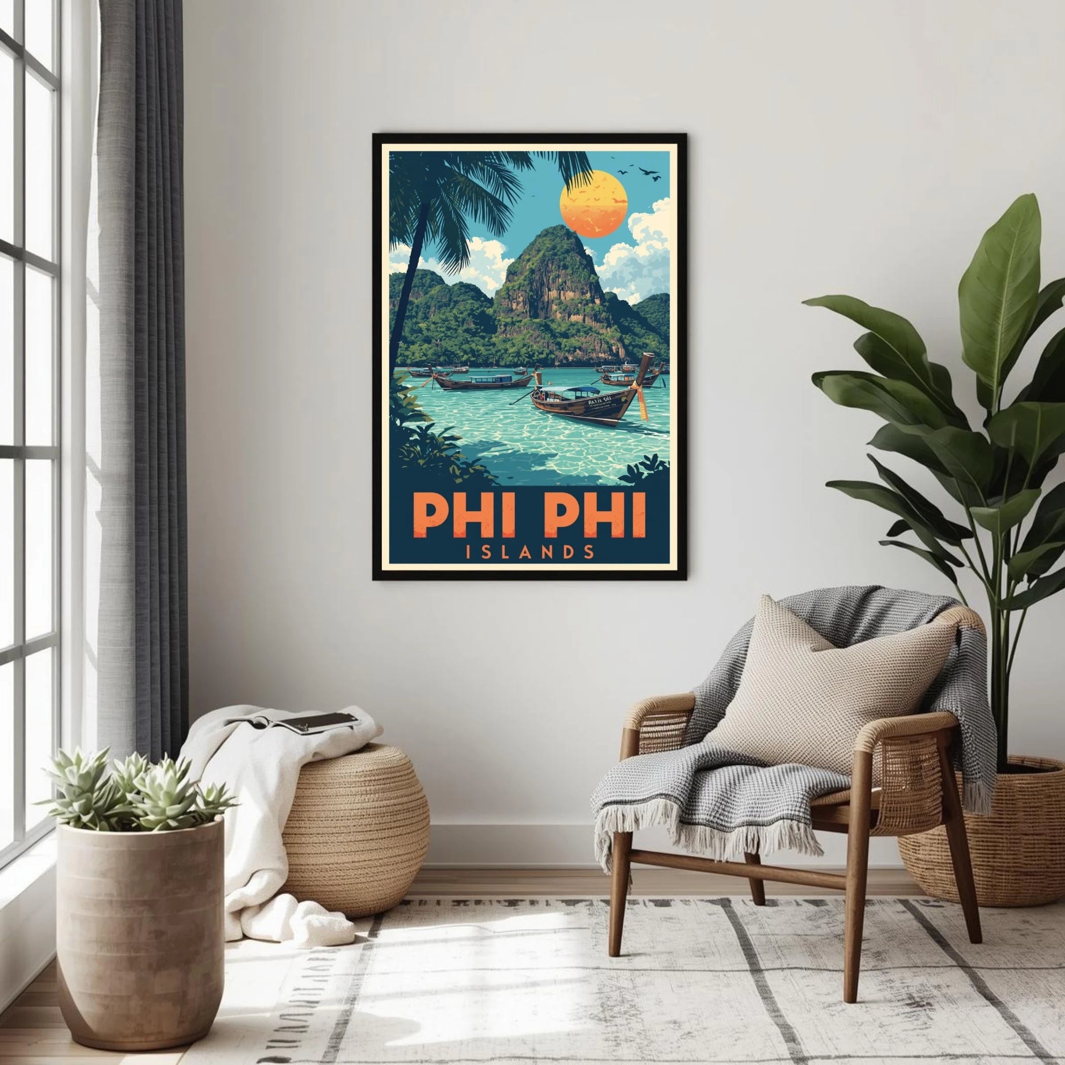 Framed travel poster of Phi Phi Islands in a living room with a chair and plants.