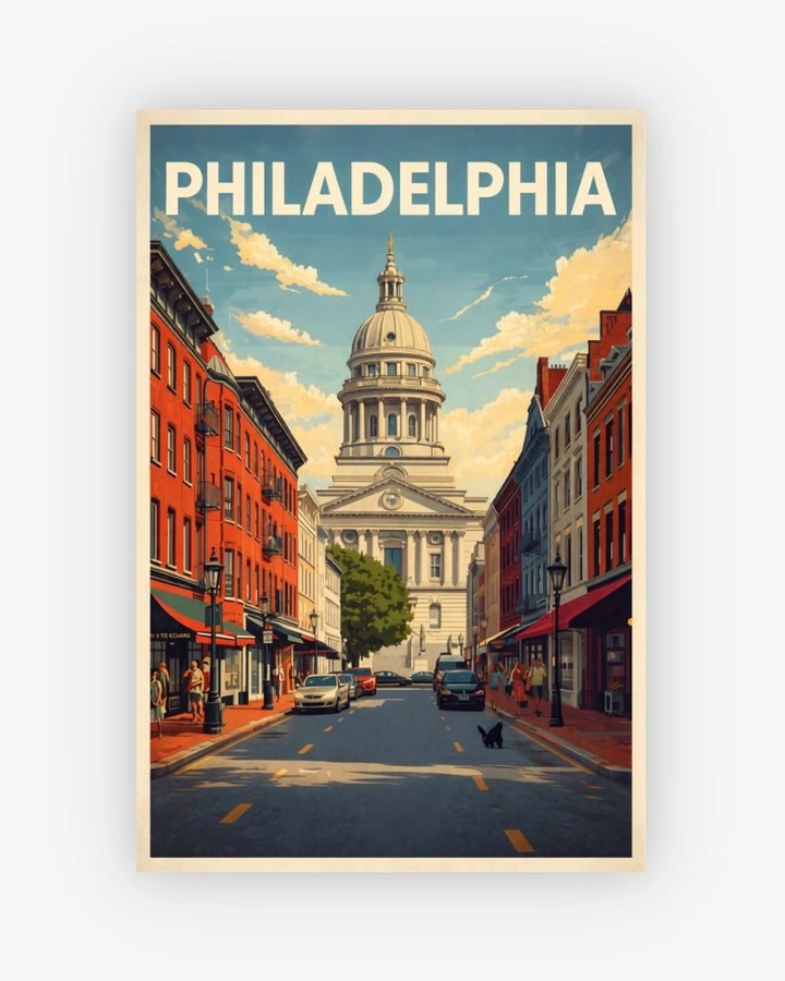 Vintage-style poster of Philadelphia with a cityscape and iconic building.