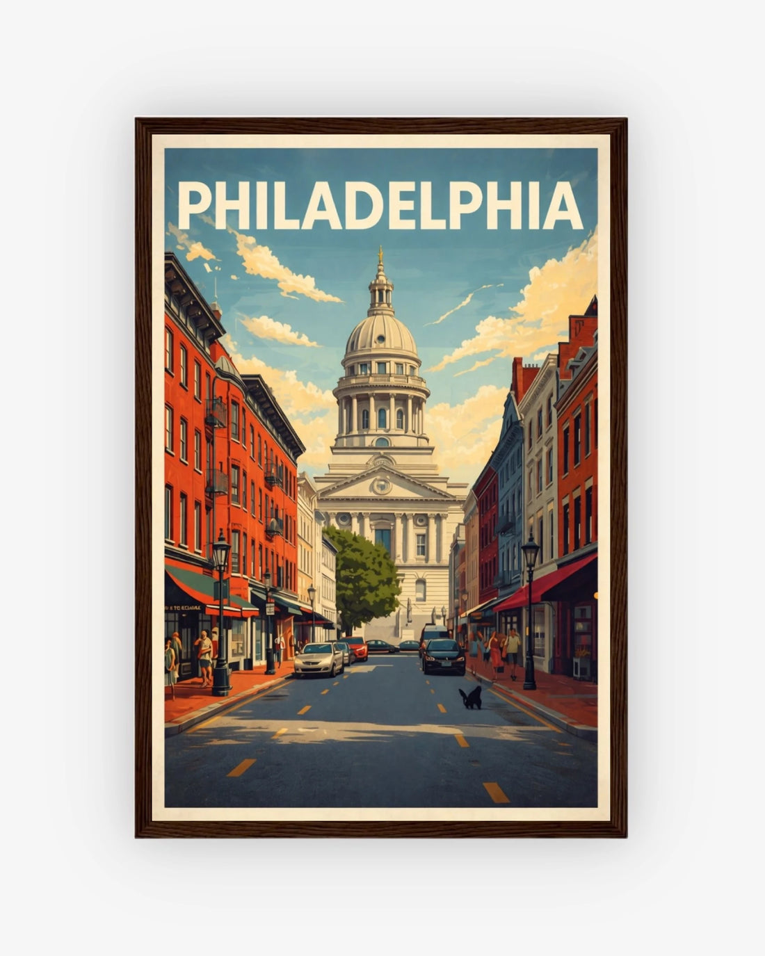 Philadelphia travel poster with dark wood frame