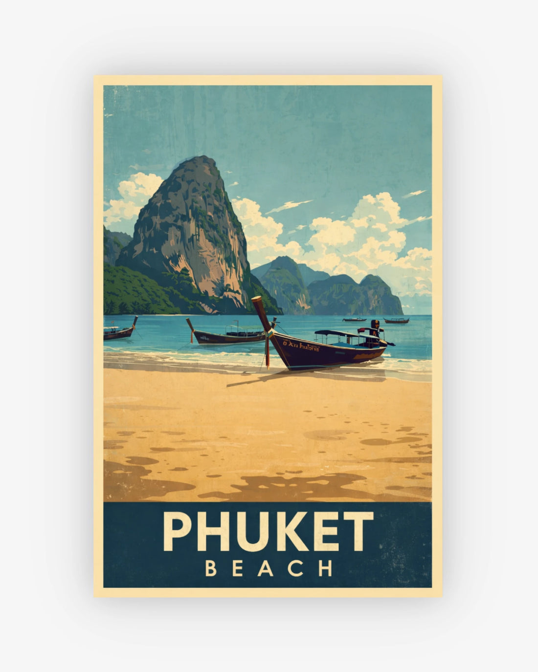 Vintage-style poster of Phuket Beach with boats and mountains.