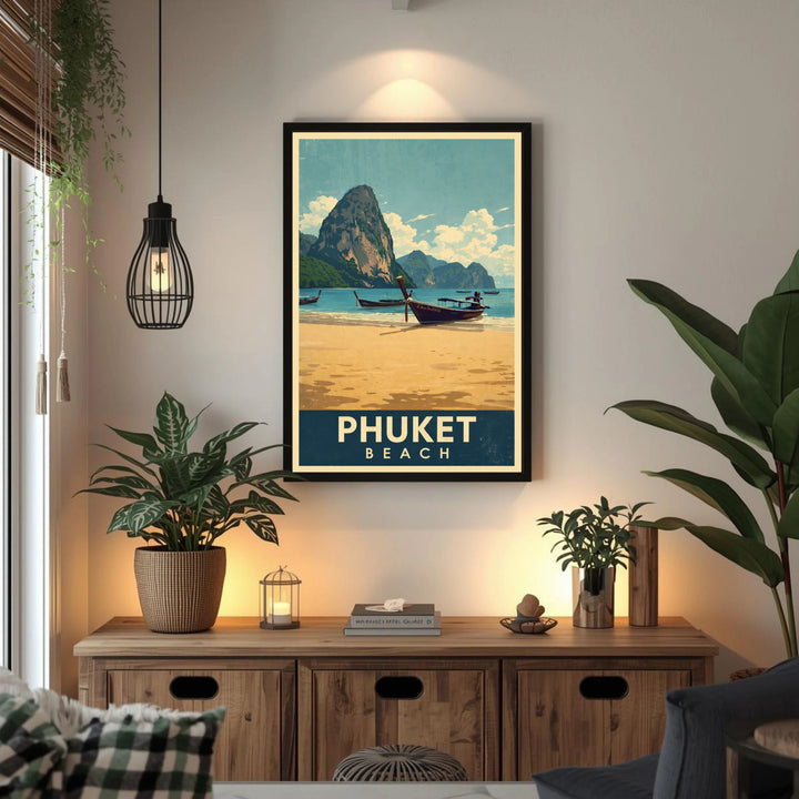 Framed Phuket beach poster on a wall in a living room with plants and a wooden cabinet.