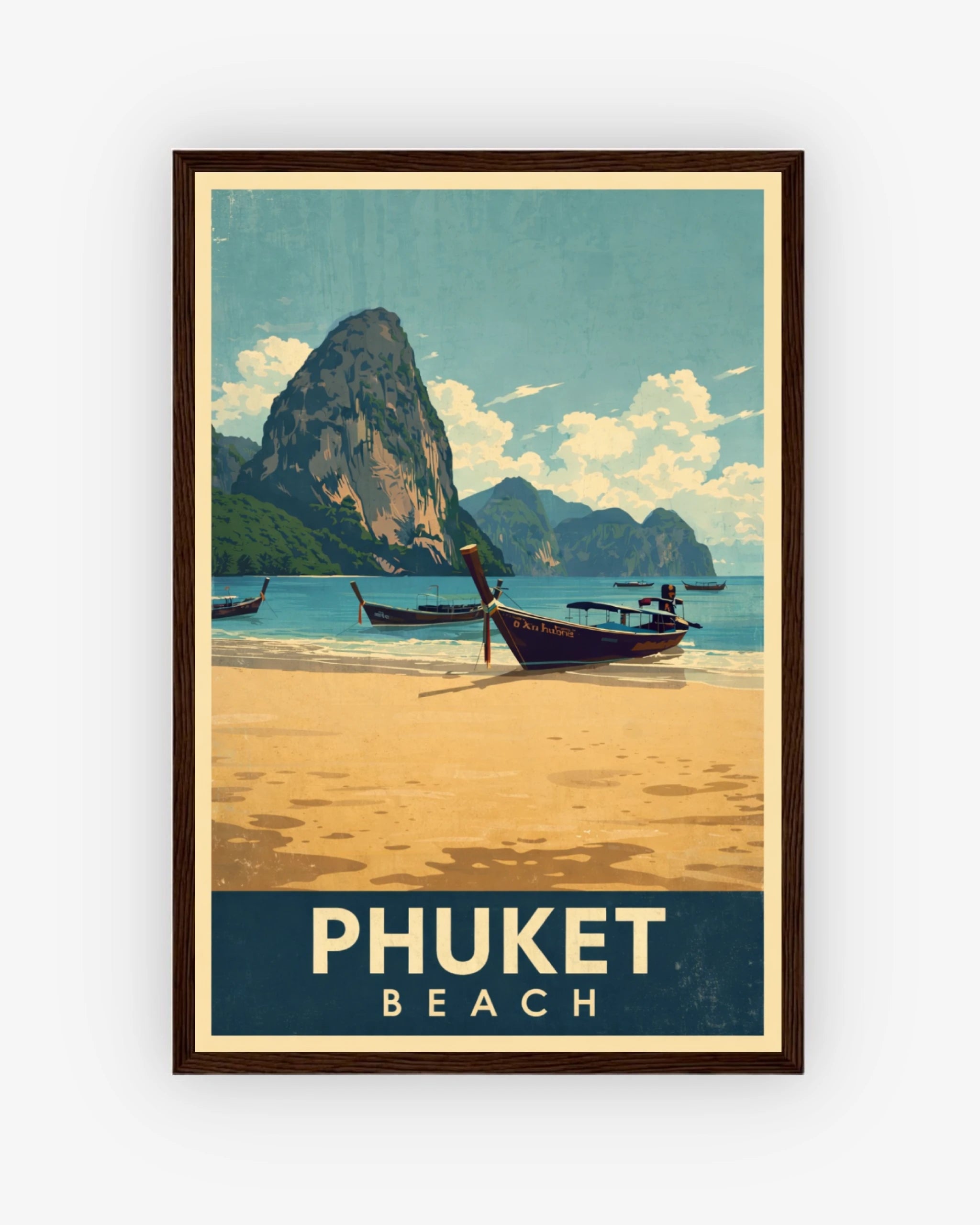 Phuket Beach travel poster with dark wood frame