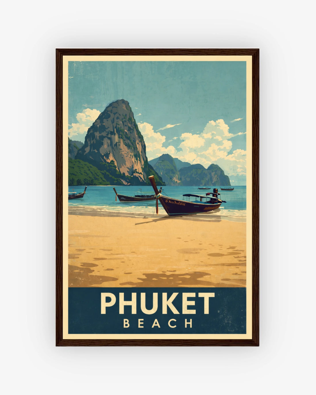 Phuket Beach travel poster with dark wood frame