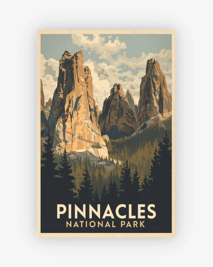 Poster of Pinnacles National Park with mountain landscape and trees.