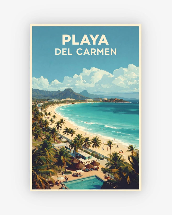 Poster of Playa Del Carmen with a beach and pool scene.