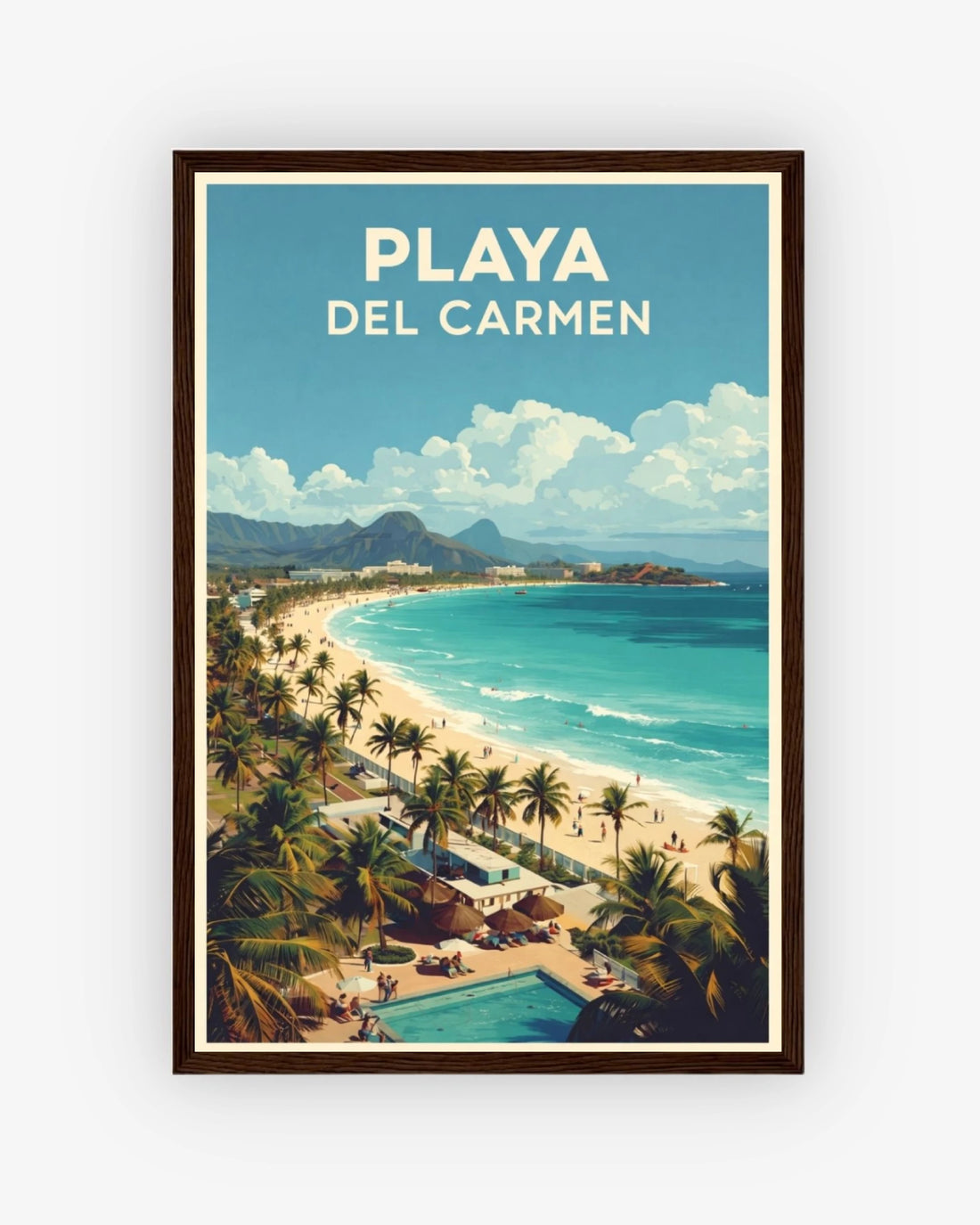 Playa Del Carmen travel poster with dark wood frame