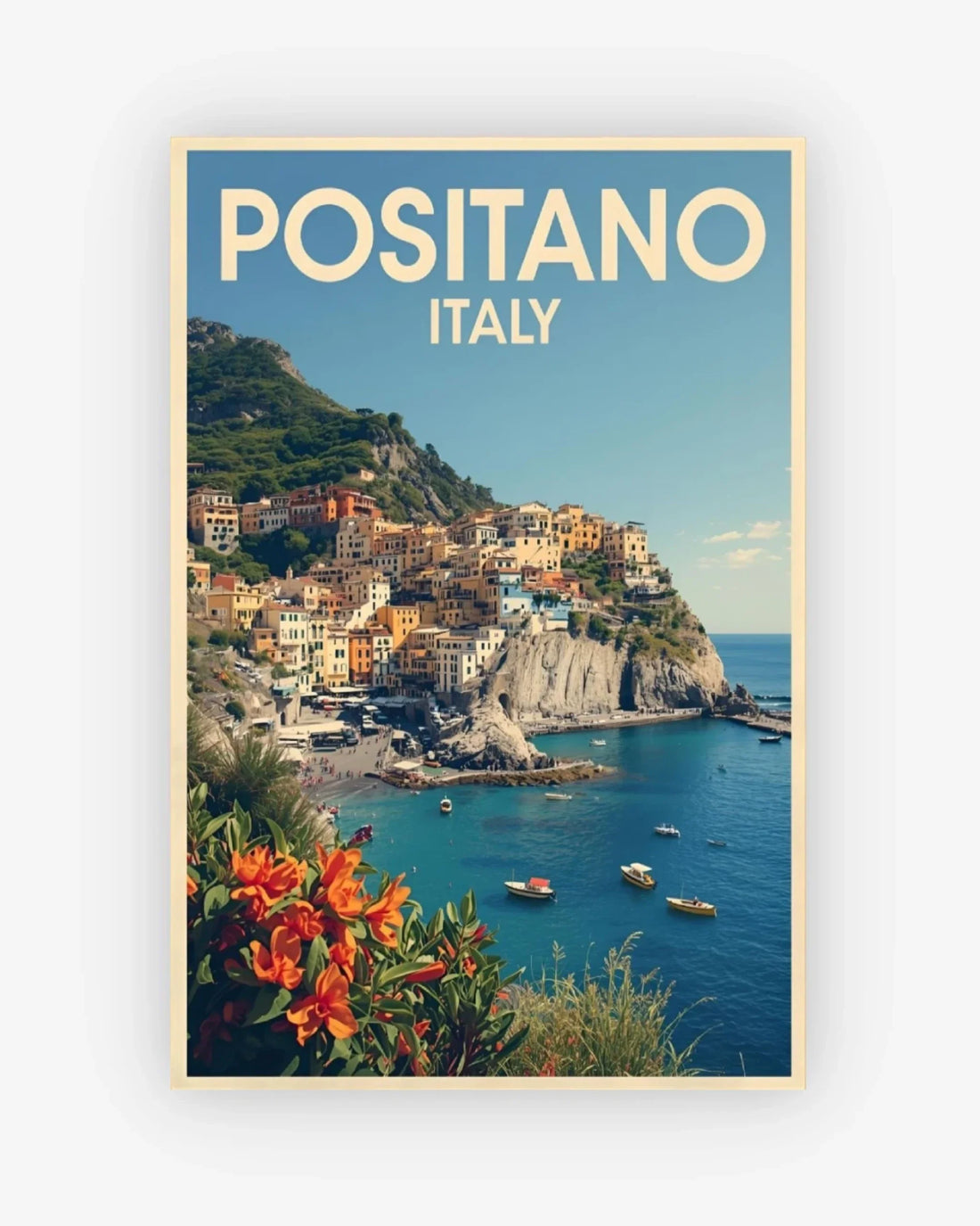 Poster of Positano, Italy with a scenic view of the coastal town.