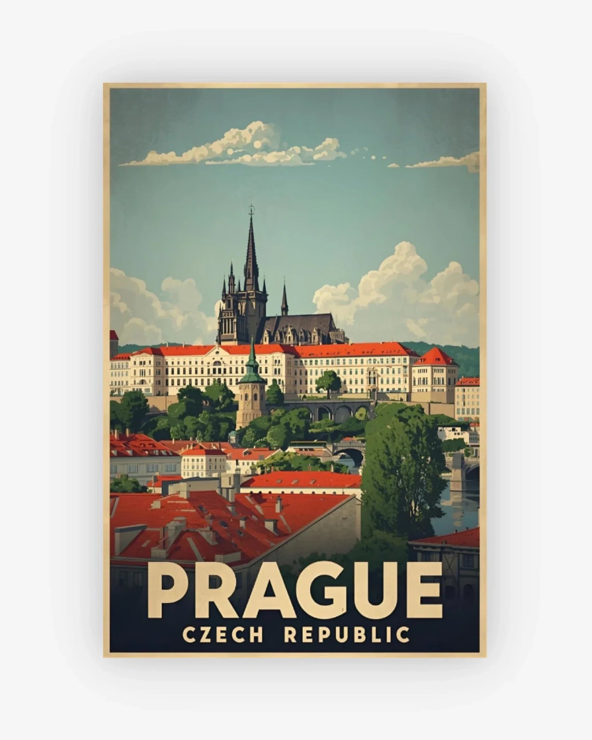 Vintage-style poster of Prague, Czech Republic with a castle and cityscape.
