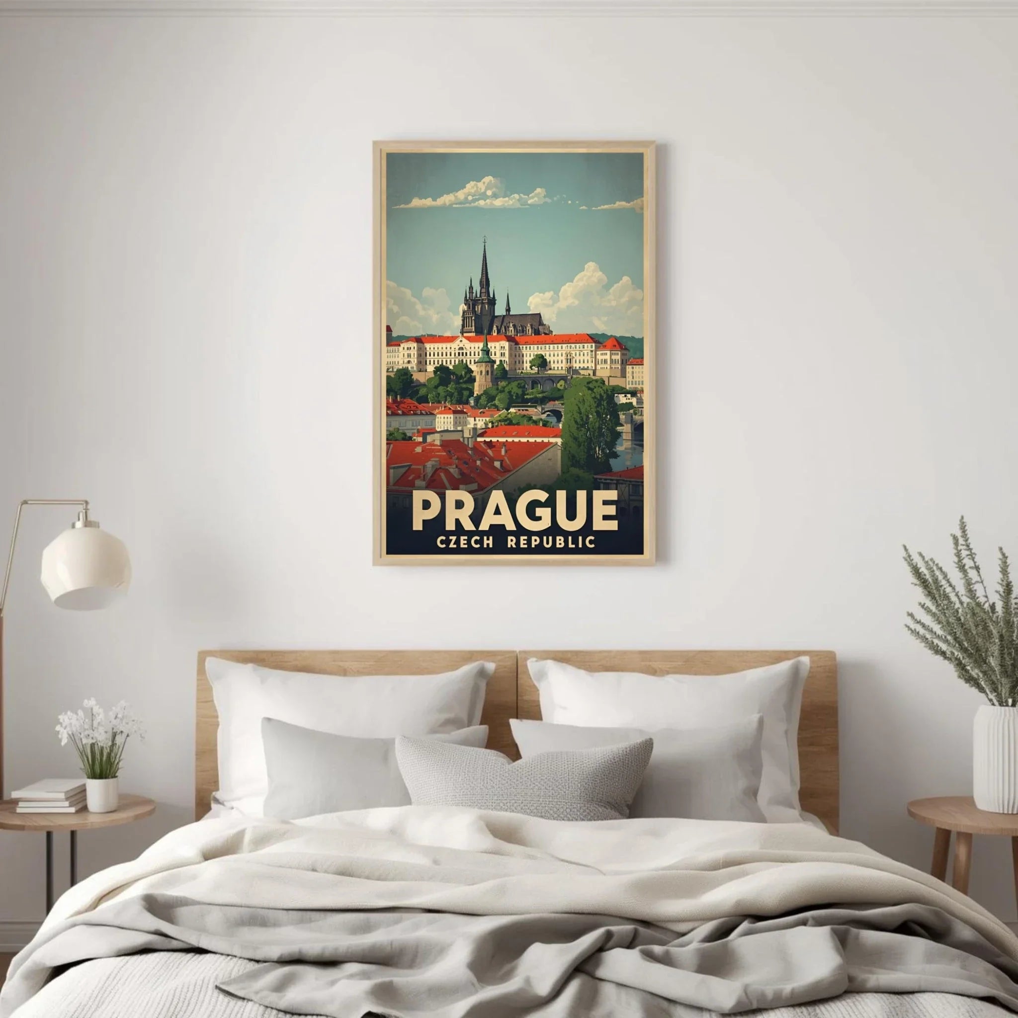 Bedroom with a Prague poster on the wall