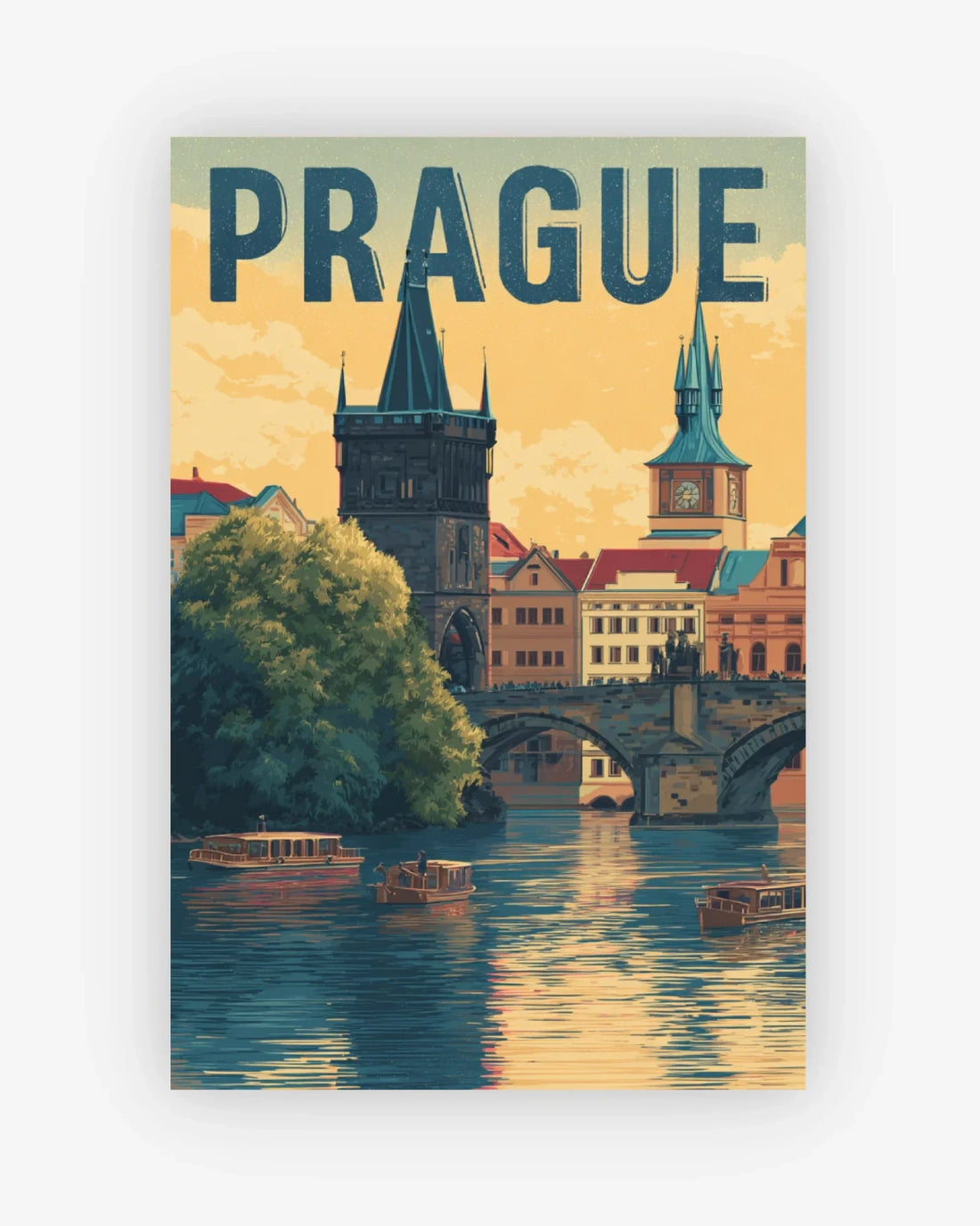 Vintage-style poster of Prague with a river, bridge, and historic buildings.