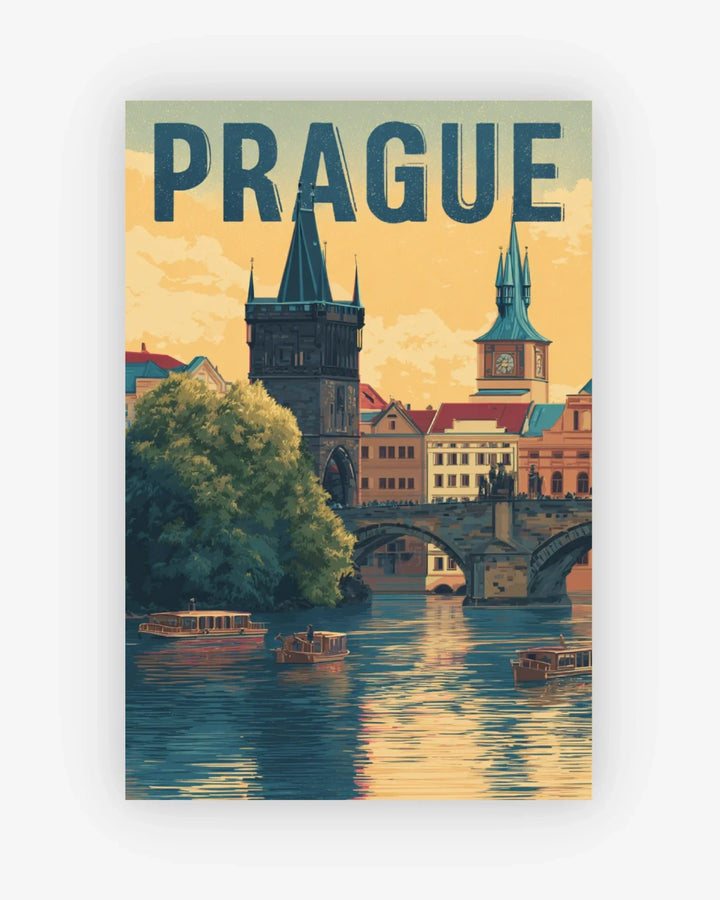 Vintage-style poster of Prague with a river, bridge, and historic buildings.