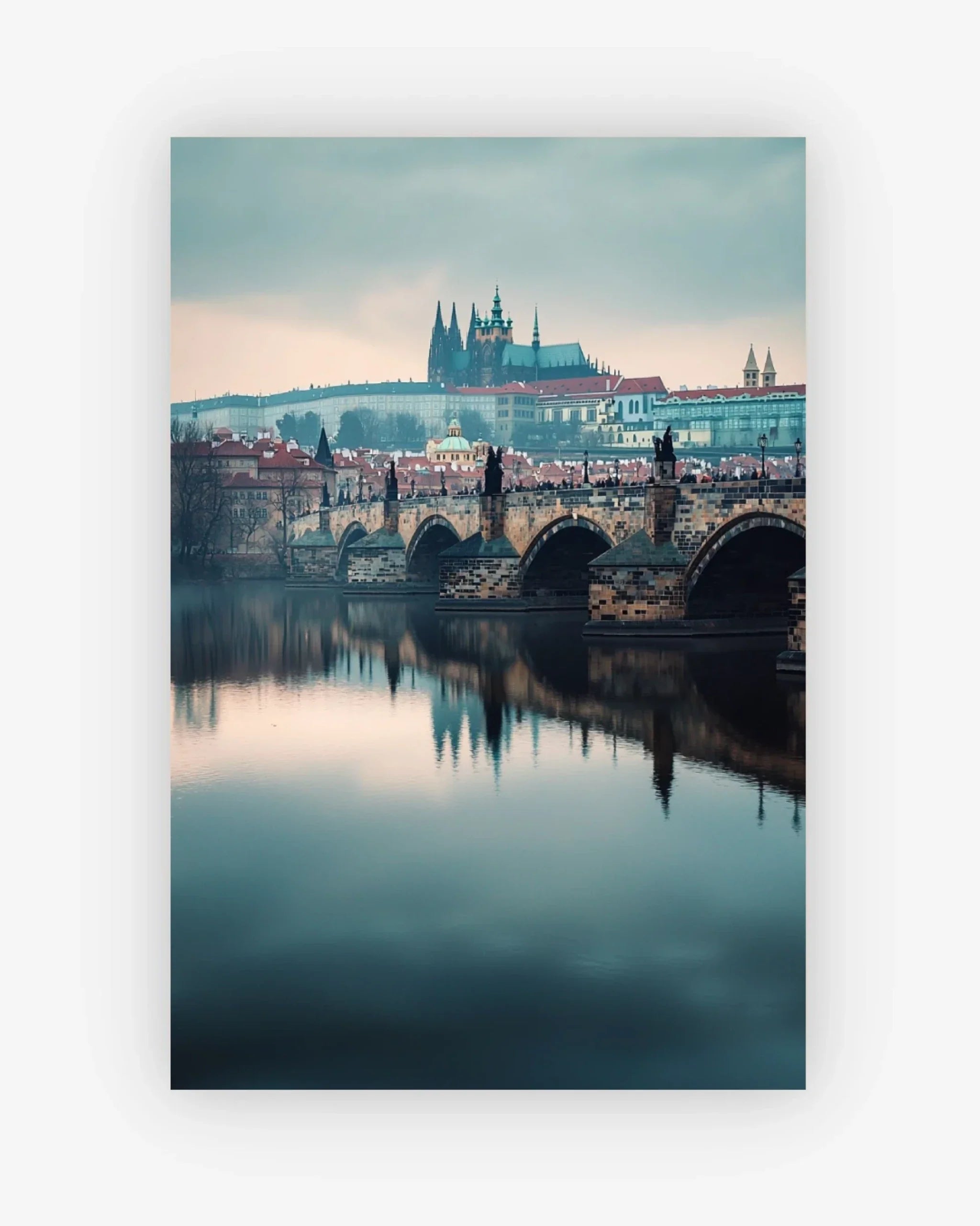 Cityscape with a bridge over a river, featuring a castle in the background.