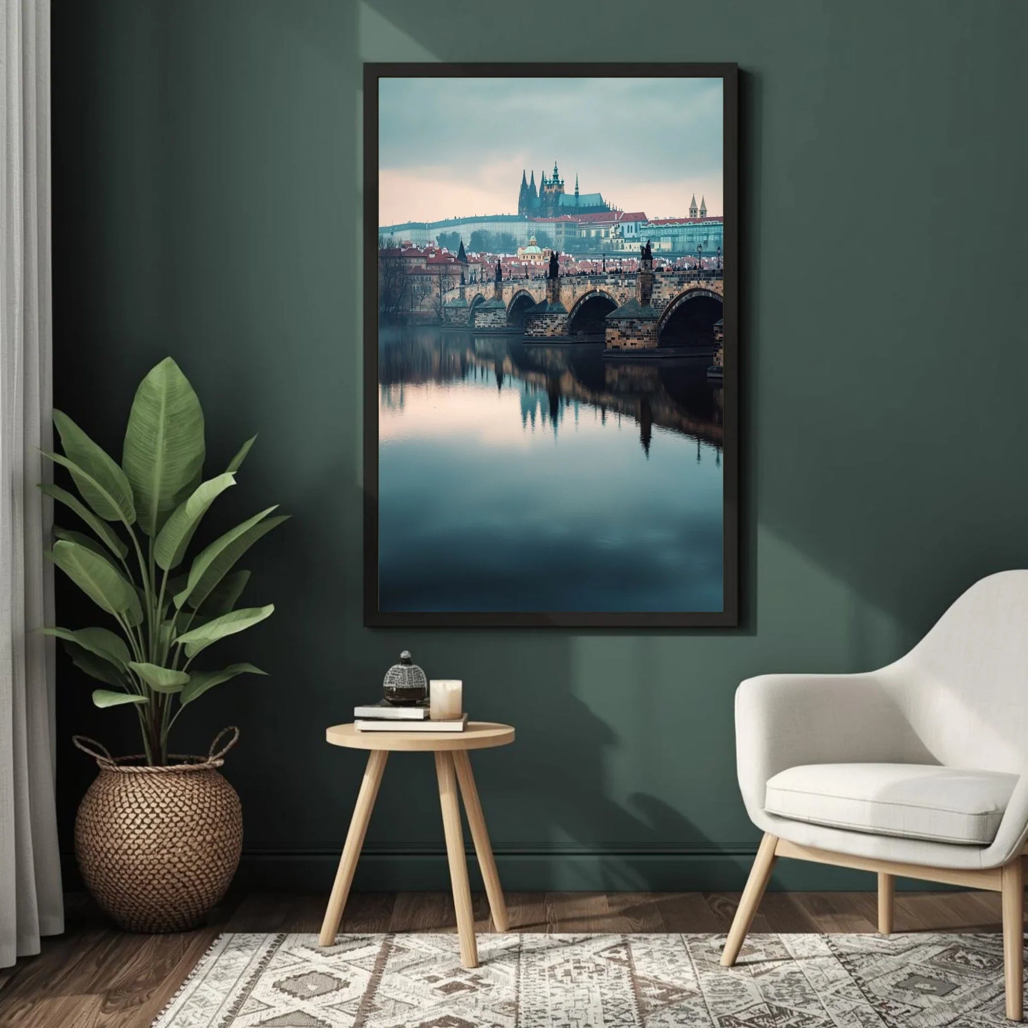 Framed artwork of a cityscape with a river and bridge, placed on a dark green wall above a small round wooden table with a plant and books.
