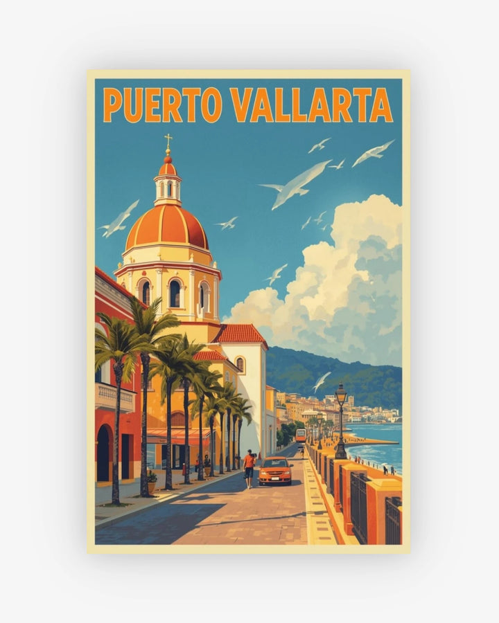 Vintage-style poster of Puerto Vallarta with a church, palm trees, and ocean.