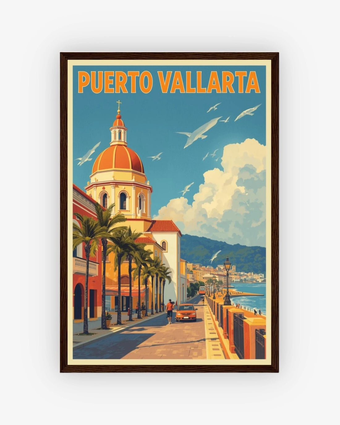 Puerto Vallarta travel poster with dark wood frame