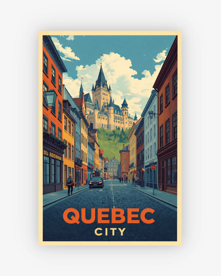 Poster of Quebec City with a street scene and castle-like building.