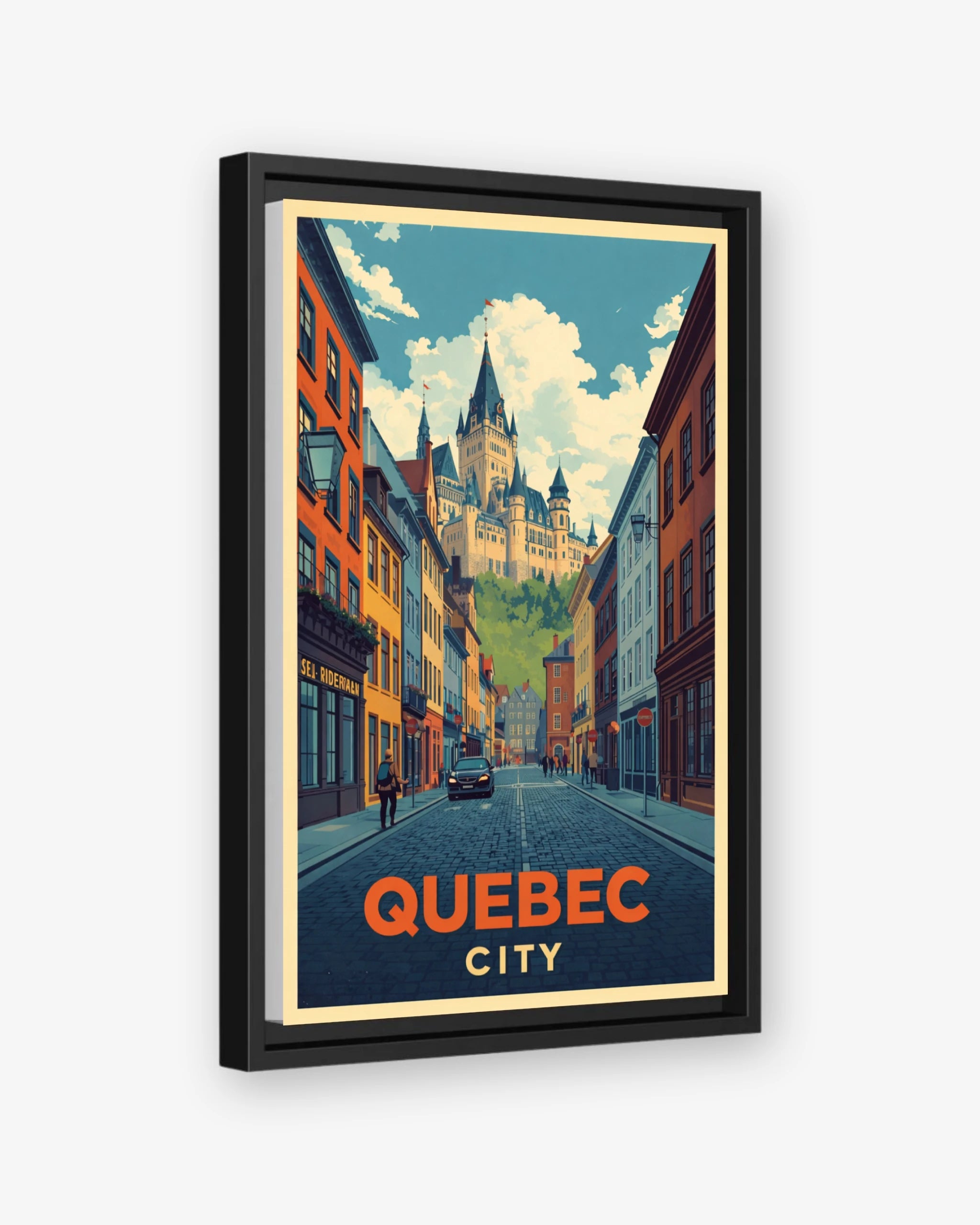 Quebec City travel poster black framed canvas