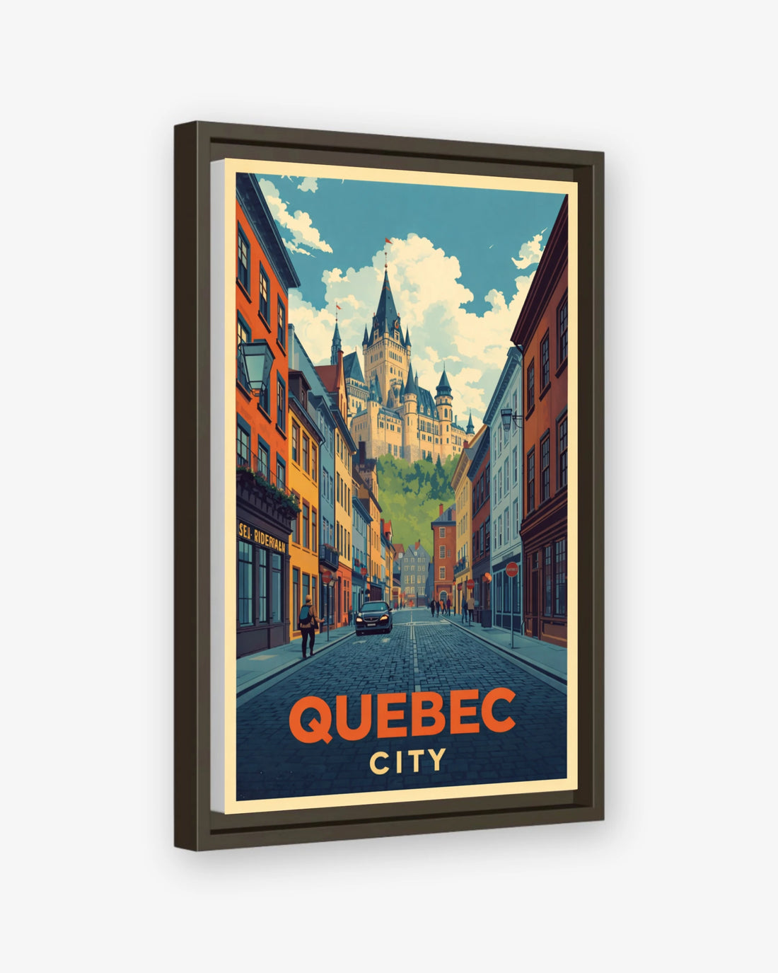Quebec City travel poster espresso framed canvas