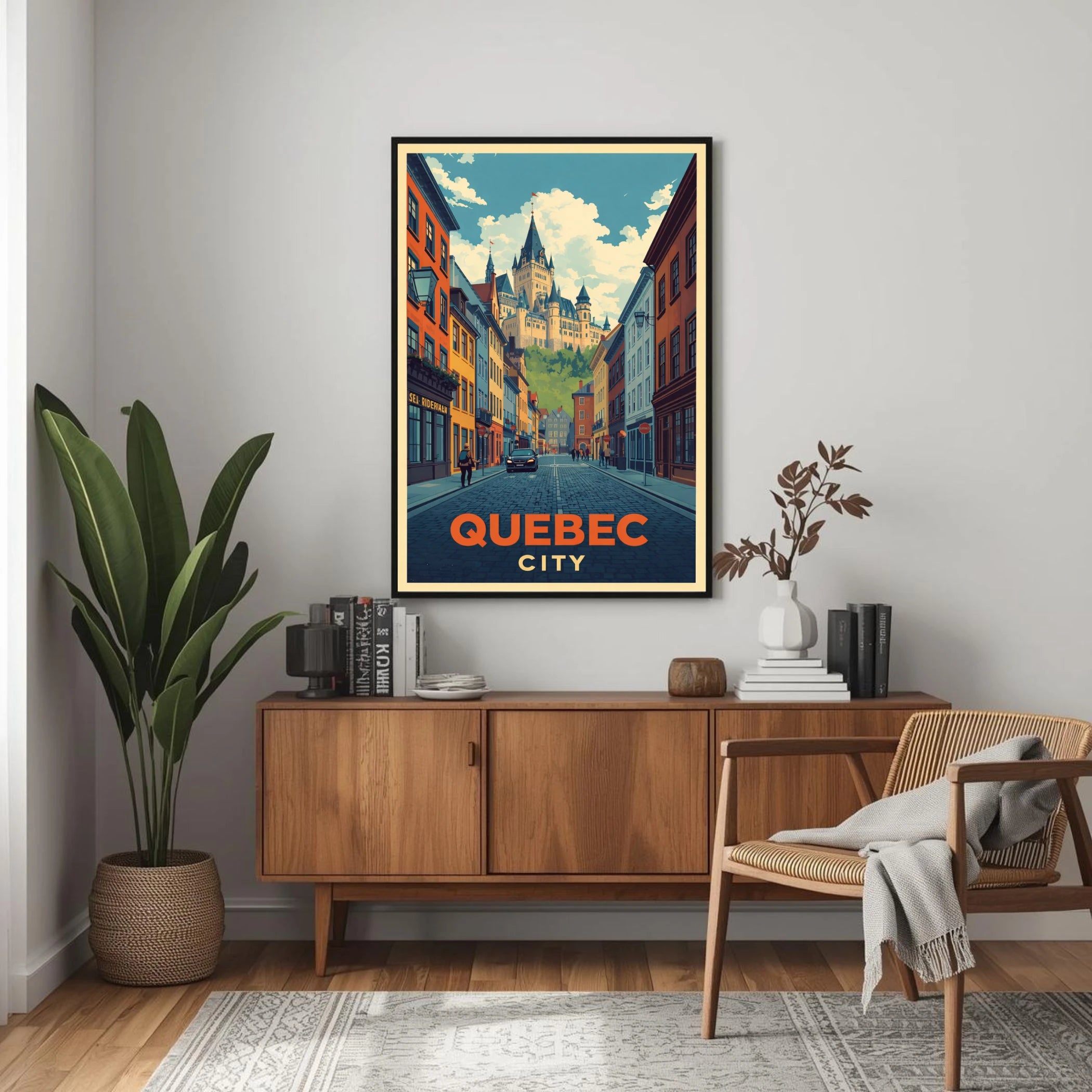 Framed poster of Quebec City on a wall above a wooden sideboard with books and decor.