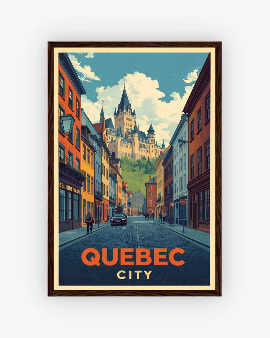 Quebec City travel poster with dark wood frame