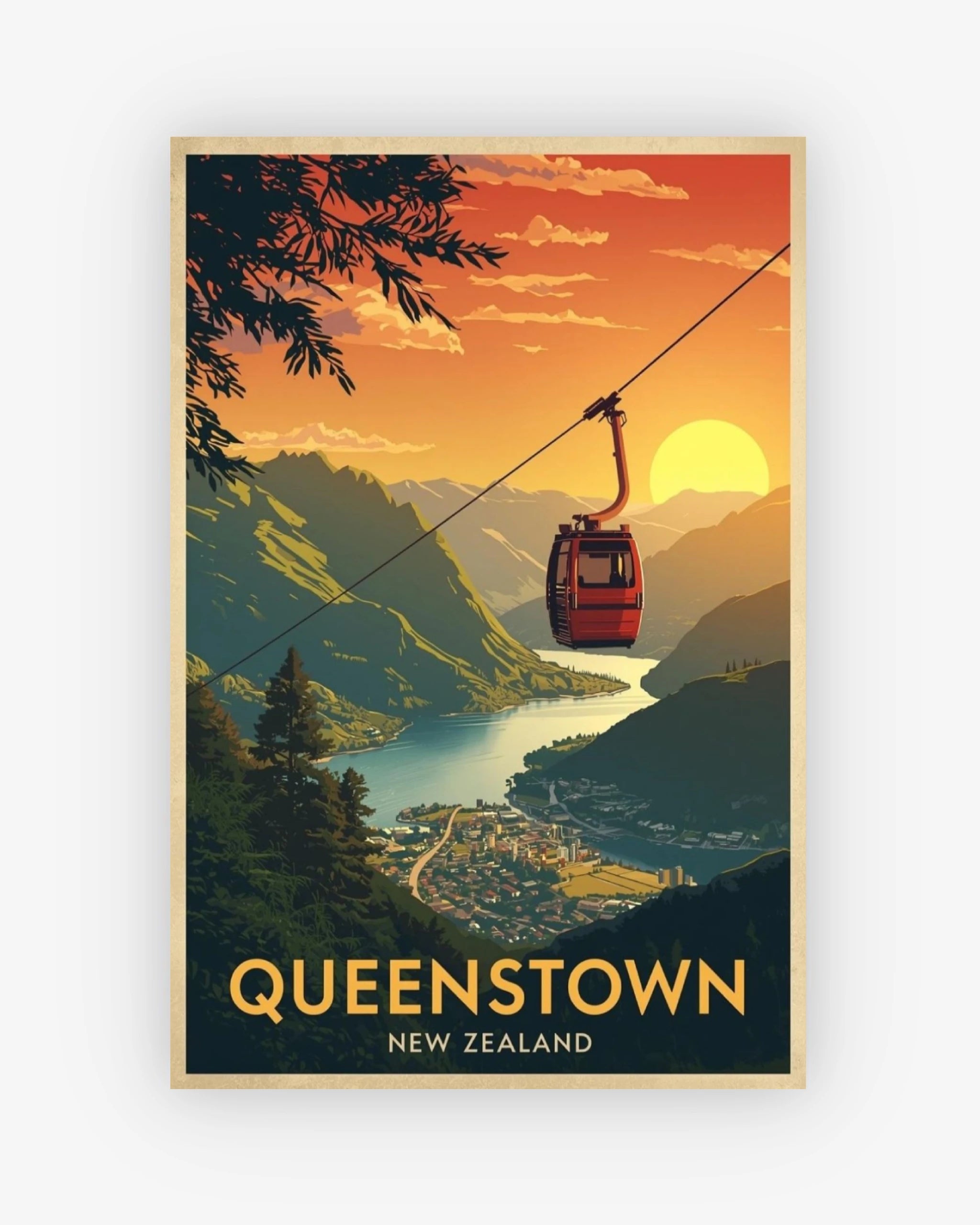 Vintage-style poster of Queenstown, New Zealand with a cable car and scenic view.