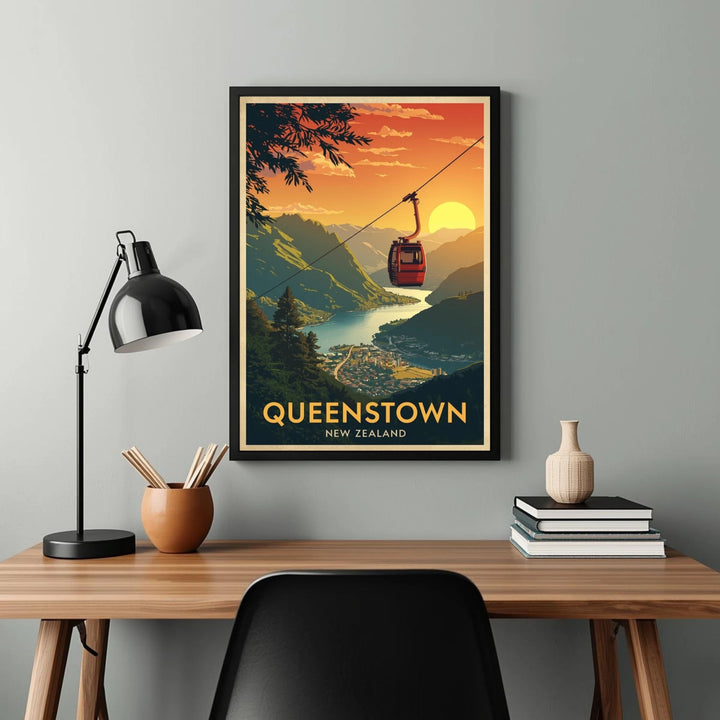 Framed poster of Queenstown, New Zealand on a wall above a desk.