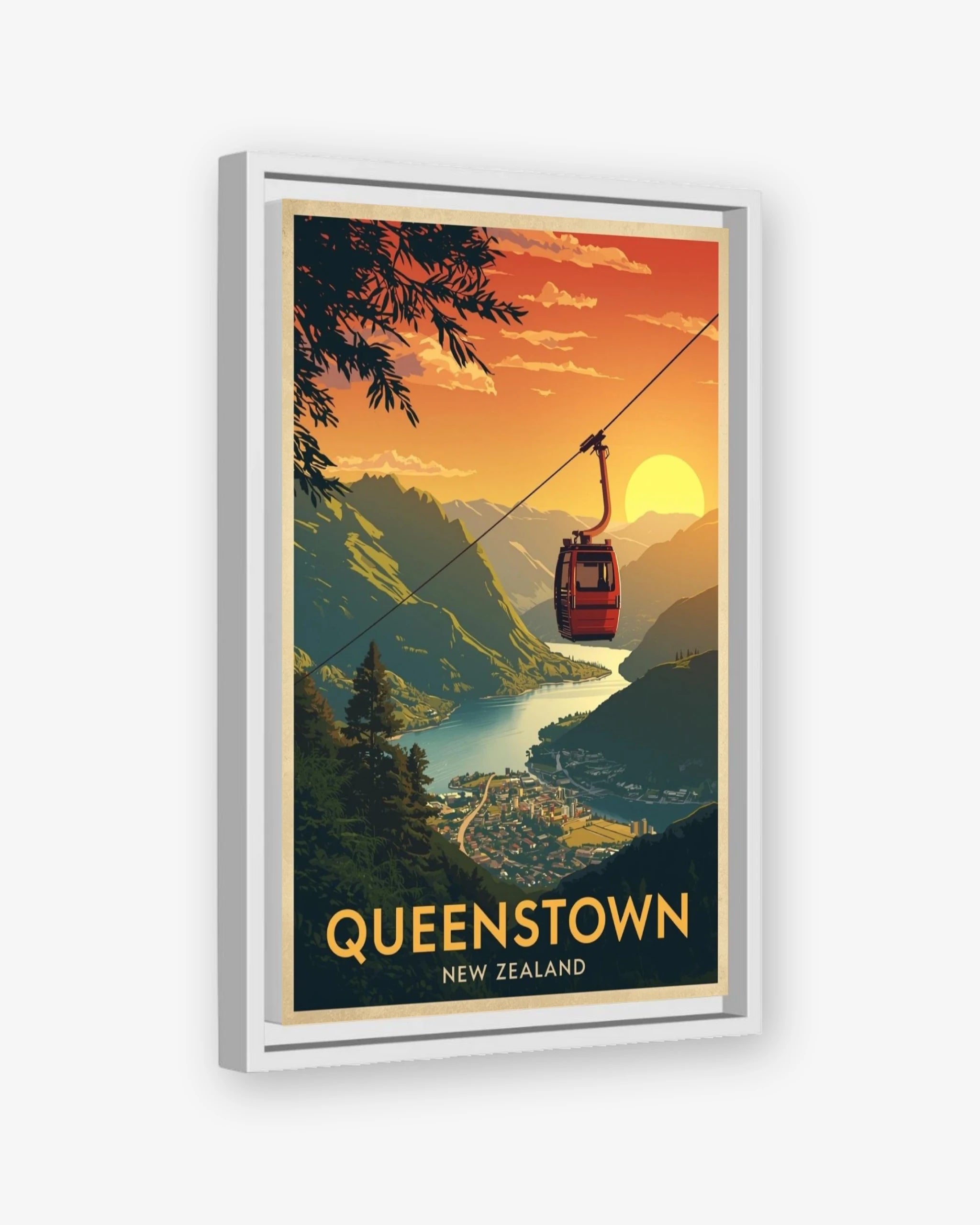 Queenstown New Zealand travel poster white framed canvas
