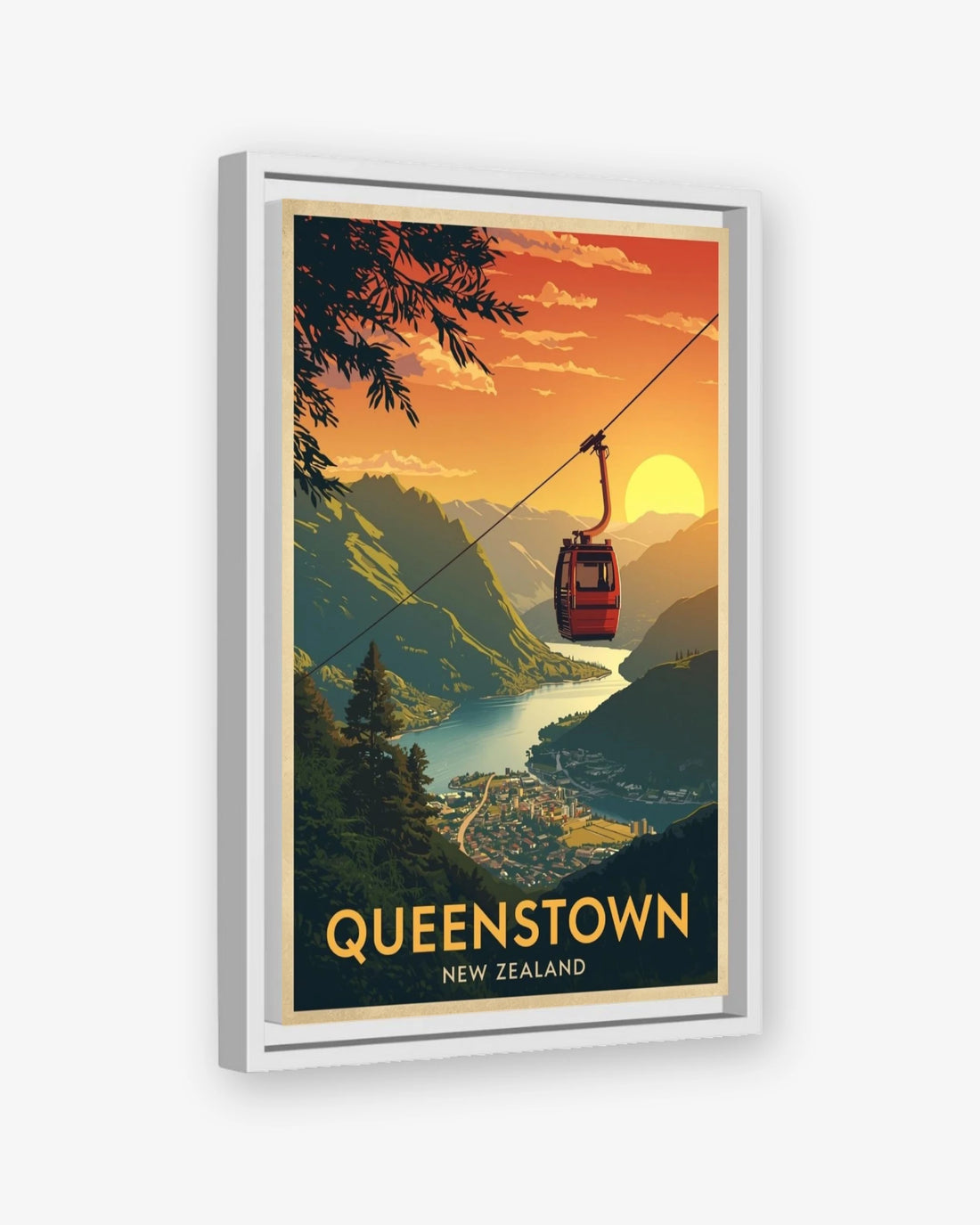 Queenstown New Zealand travel poster white framed canvas