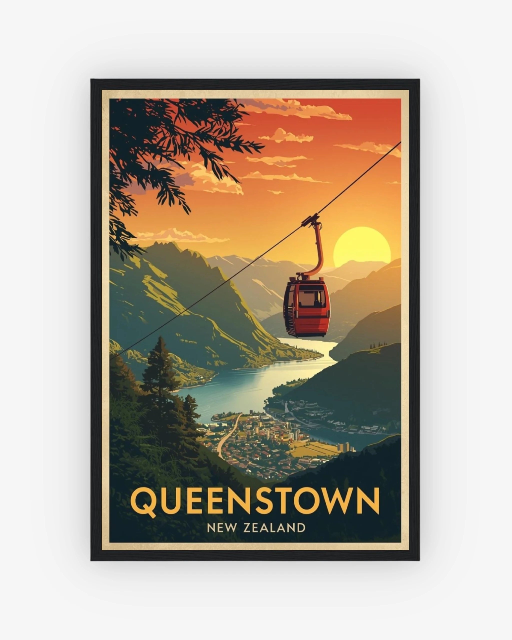 Queenstown New Zealand travel poster with black frame