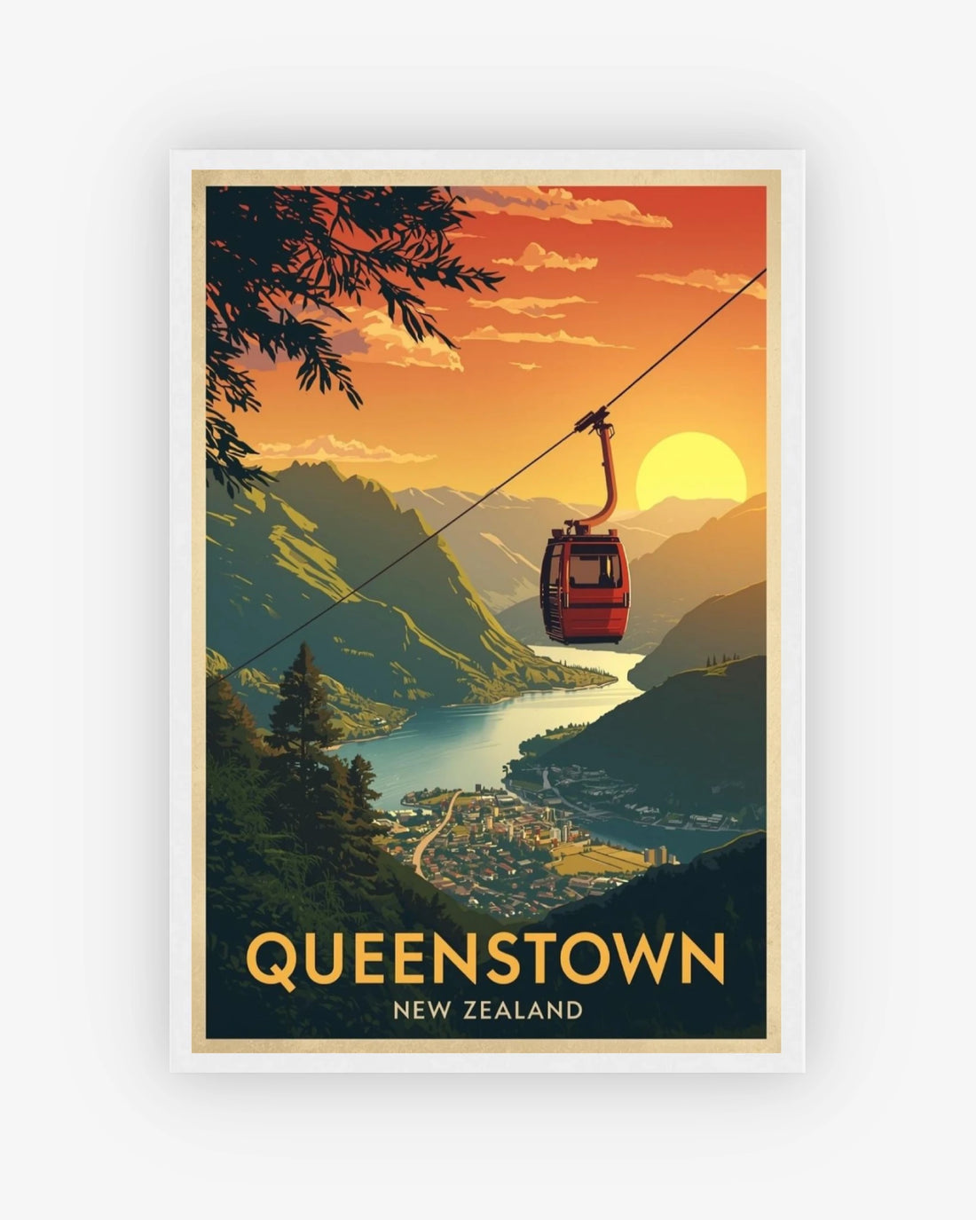 Queenstown New Zealand travel poster with white frame