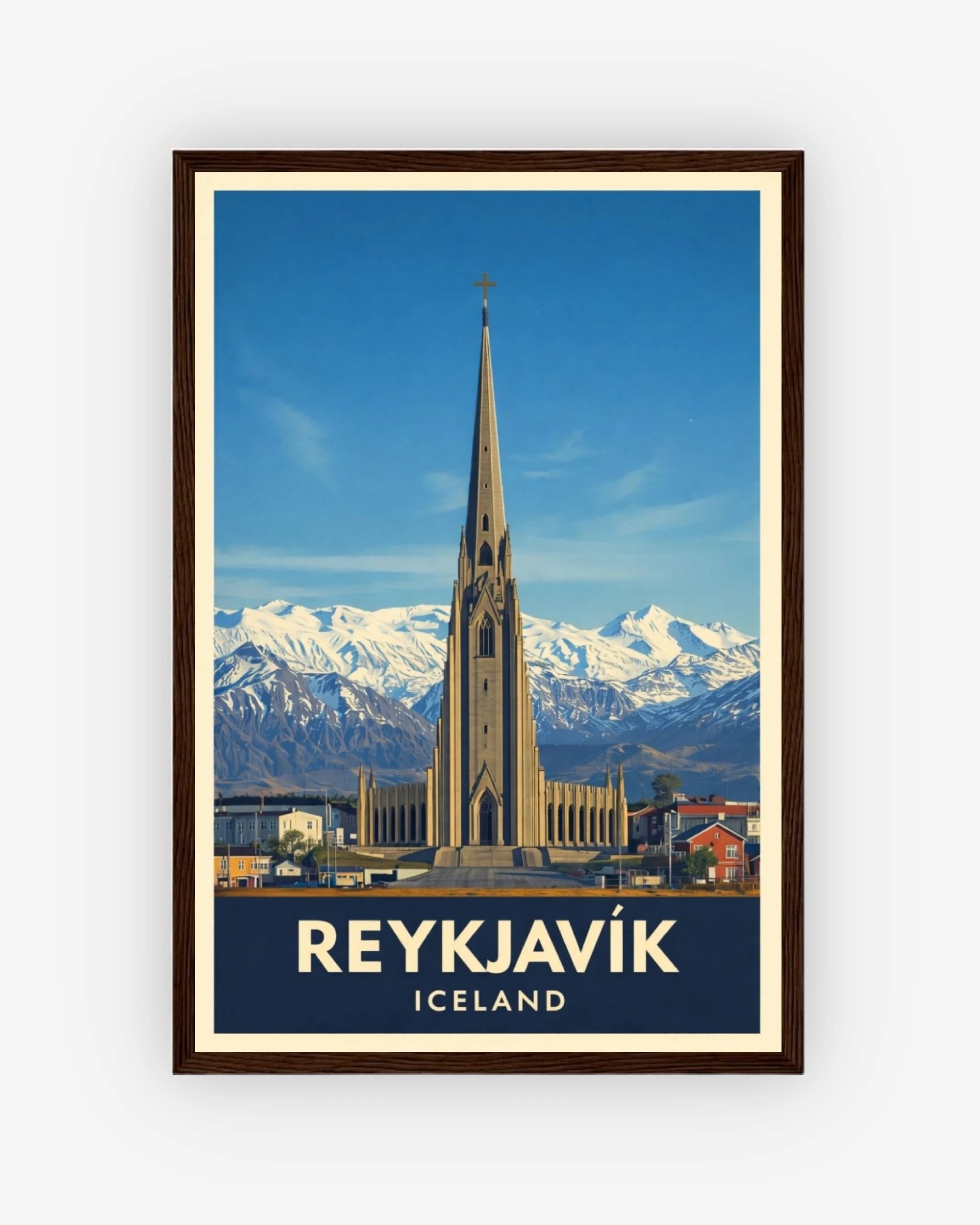 Reykjavik Iceland travel poster with dark wood frame