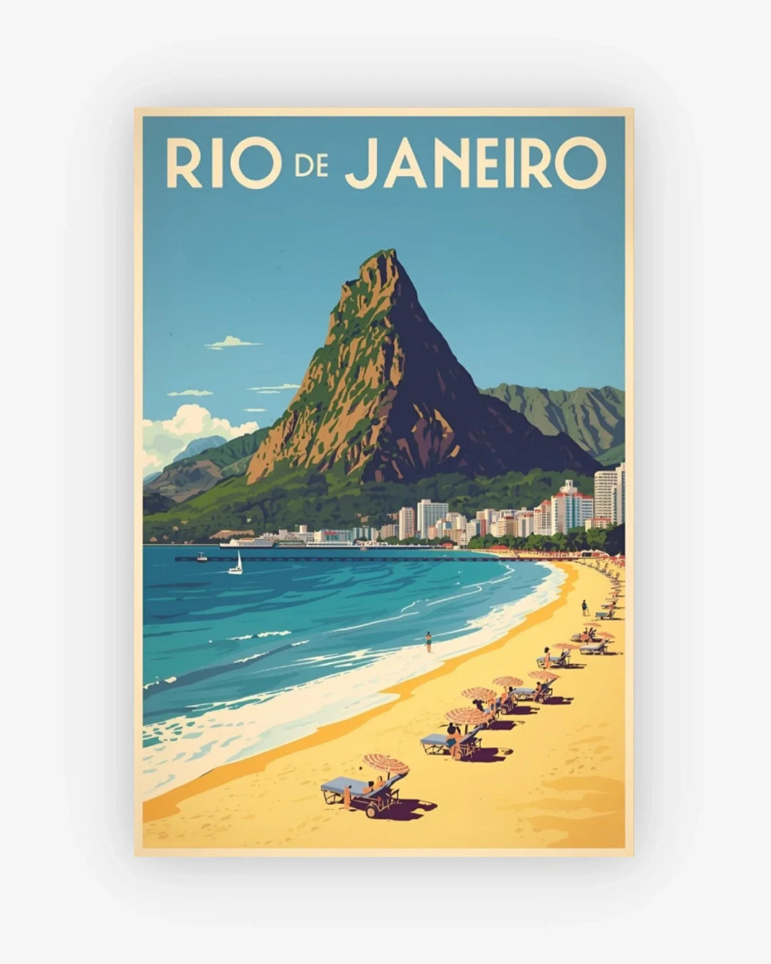 Vintage-style poster of Rio de Janeiro with a beach and mountain.