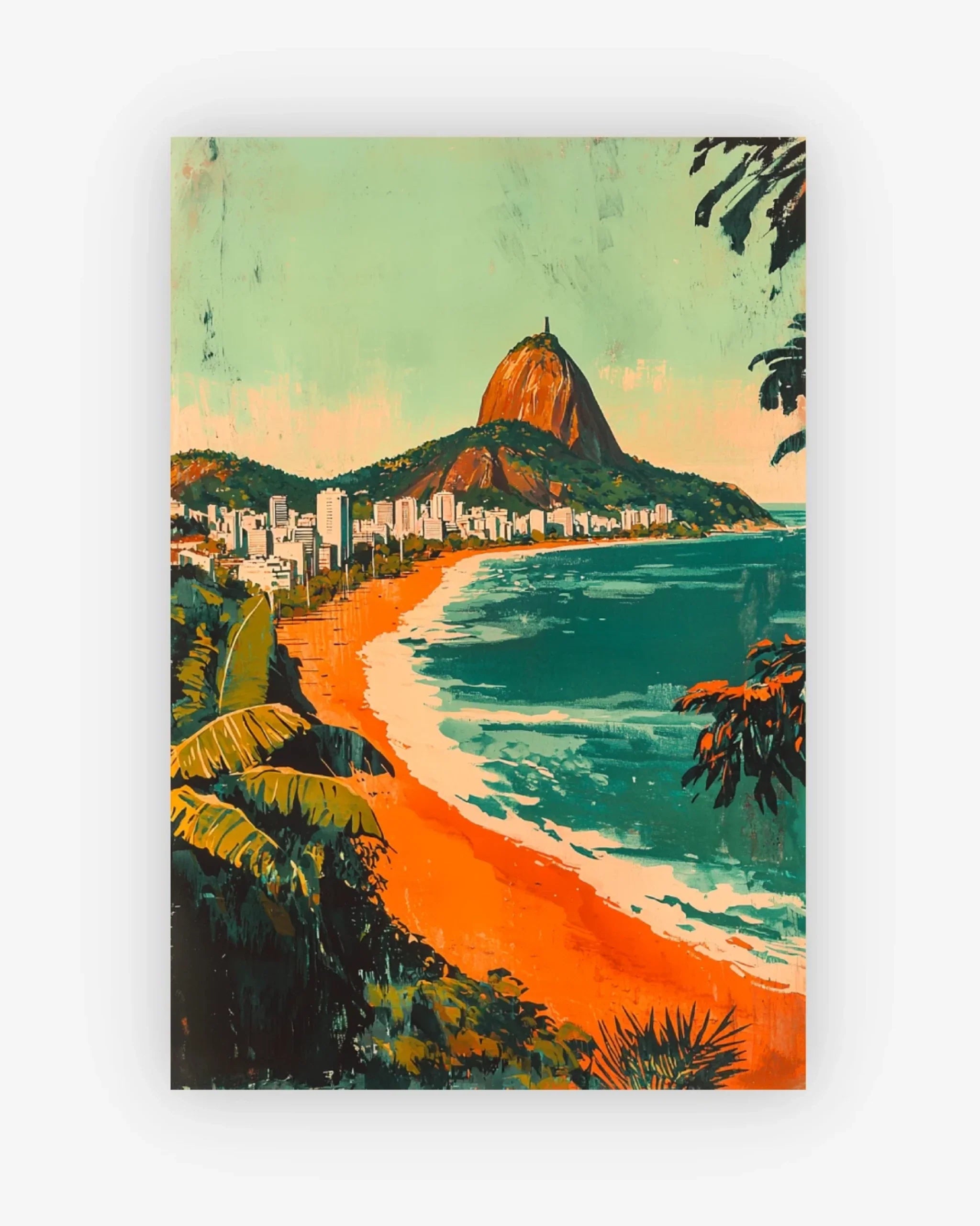 Colorful illustration of a beach scene with a mountain and cityscape.