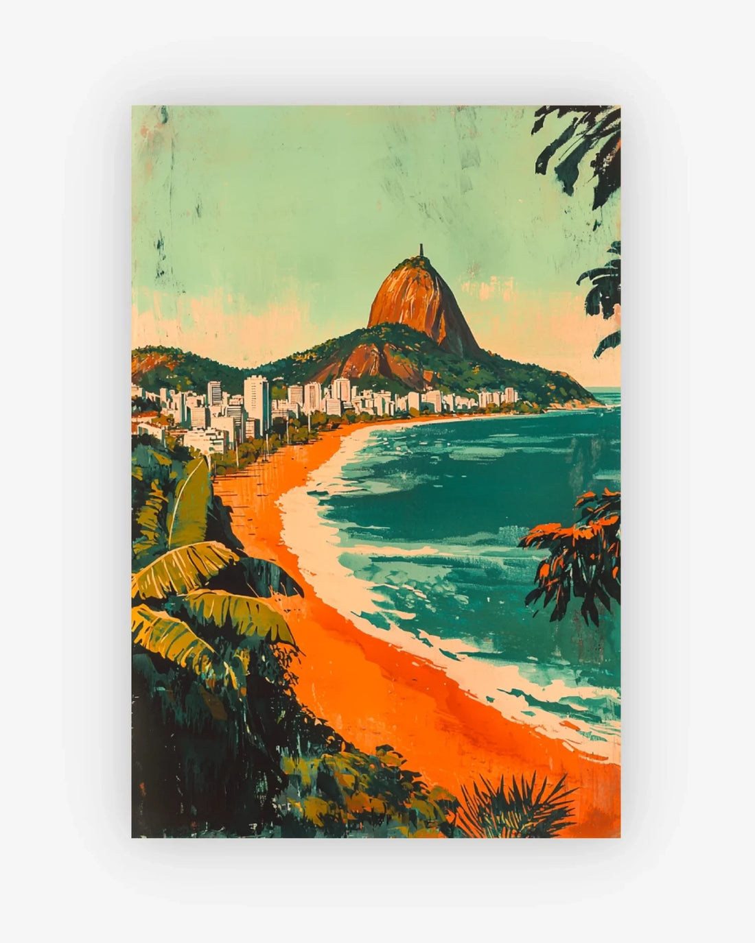 Colorful illustration of a beach scene with a mountain and cityscape.