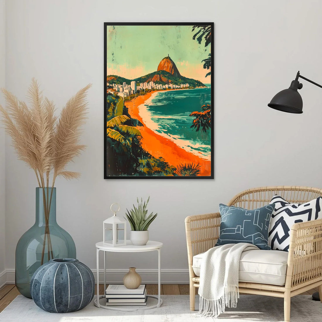 Living room with a colorful beach scene painting on the wall, a wicker chair, and decorative items.