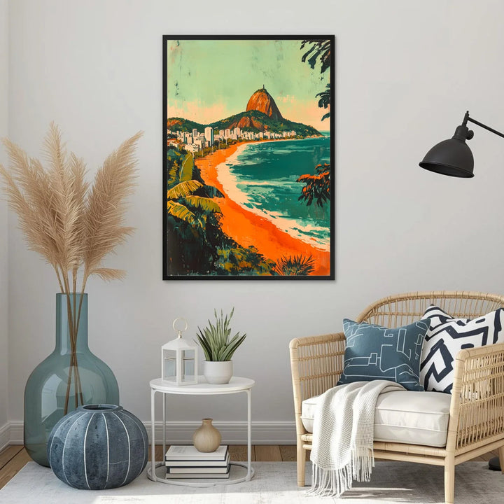 Living room with a colorful beach scene painting on the wall, a wicker chair, and decorative items.