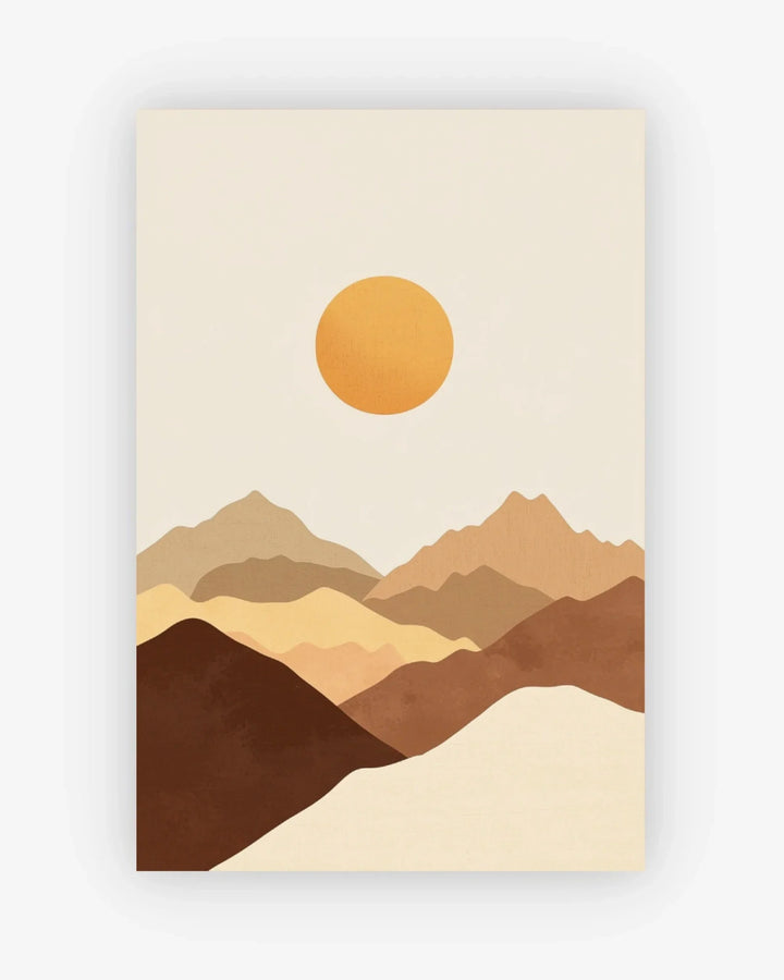 Abstract art print of mountains and a sun on a beige background