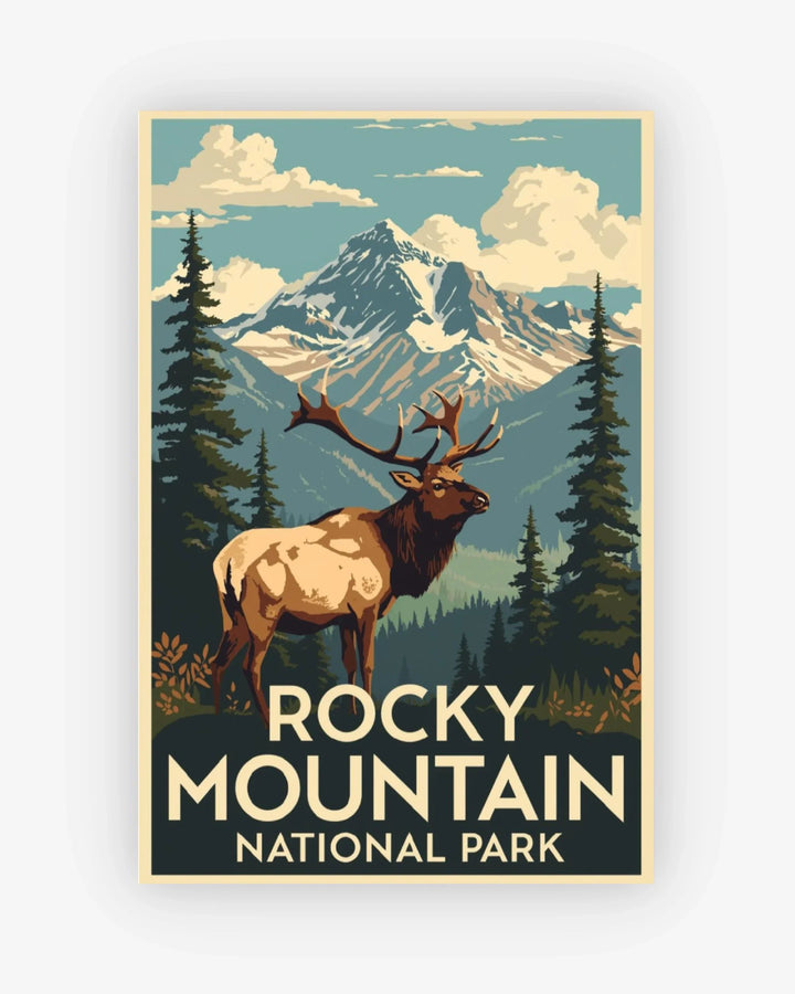 Poster of Rocky Mountain National Park with an elk and mountains in the background