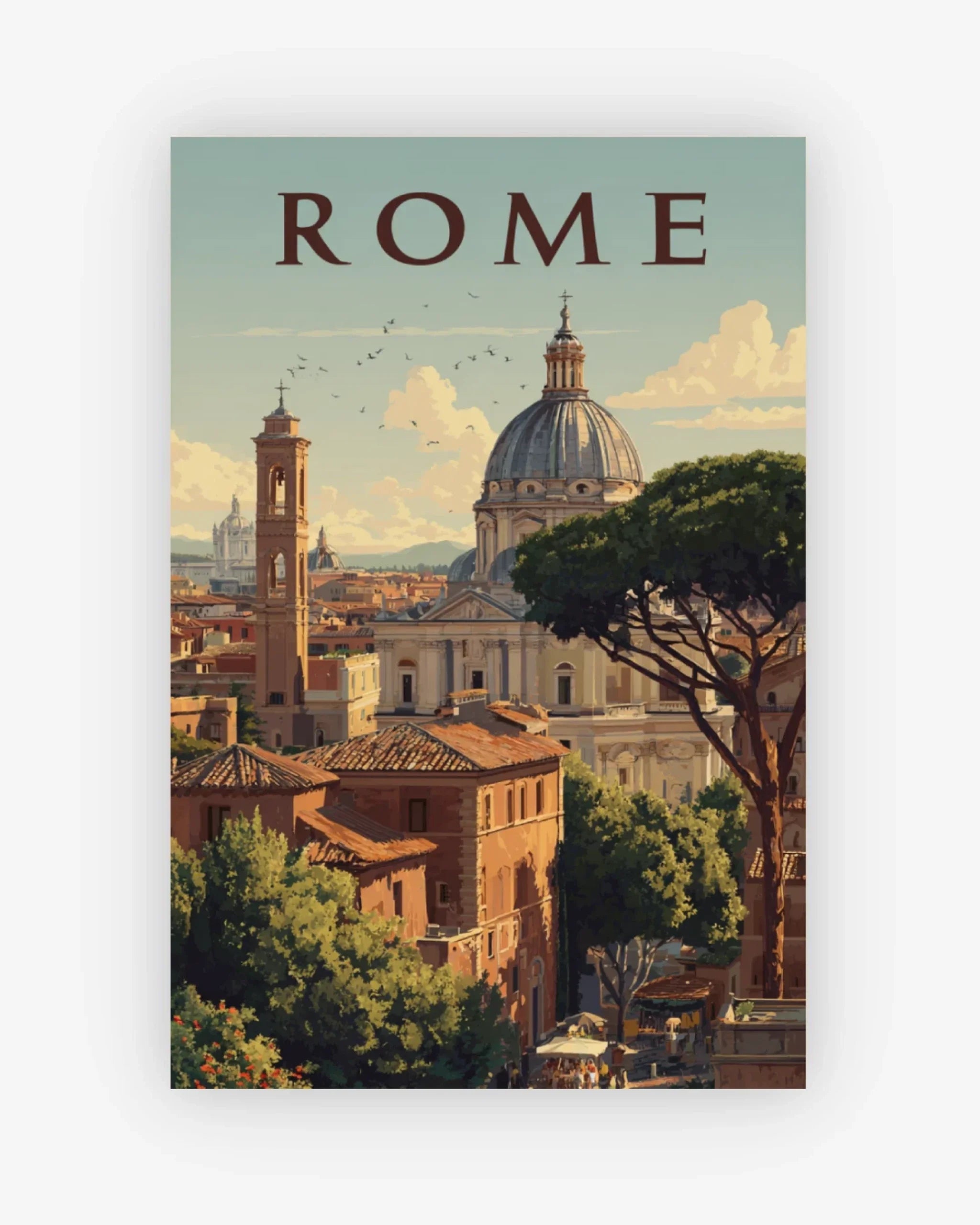 Vintage-style poster of Rome with classical architecture and 'ROME' text.