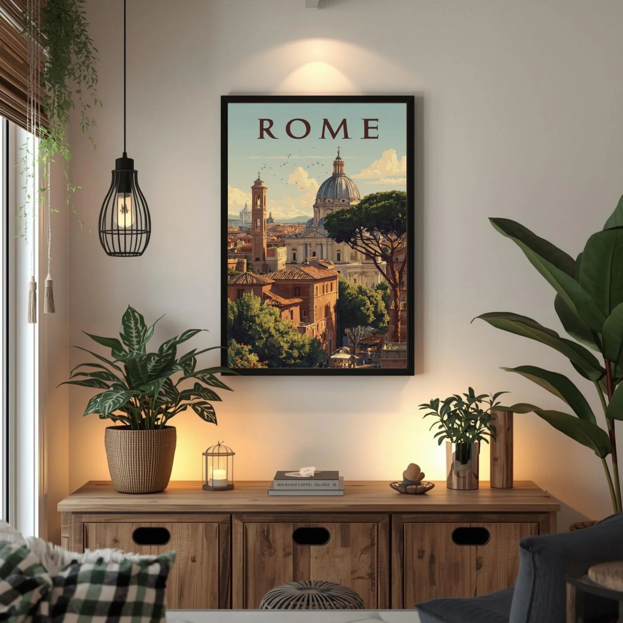 Living room with a 'Rome' themed wall art above a wooden cabinet.