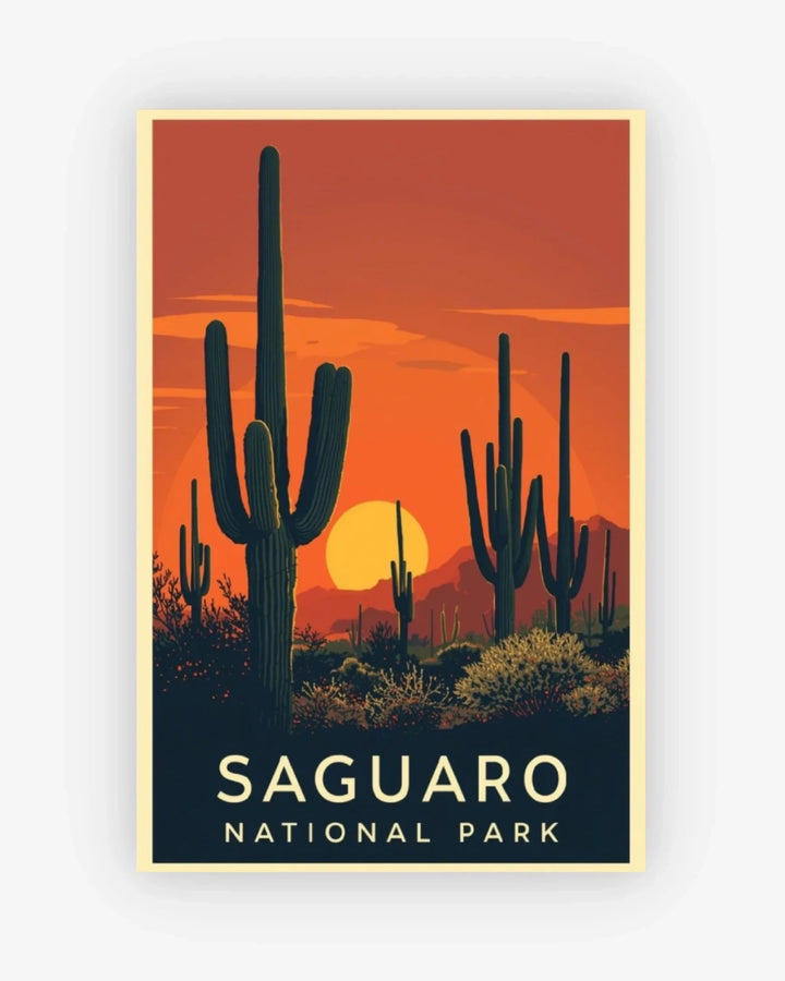Saguaro National Park poster with cacti and sunset