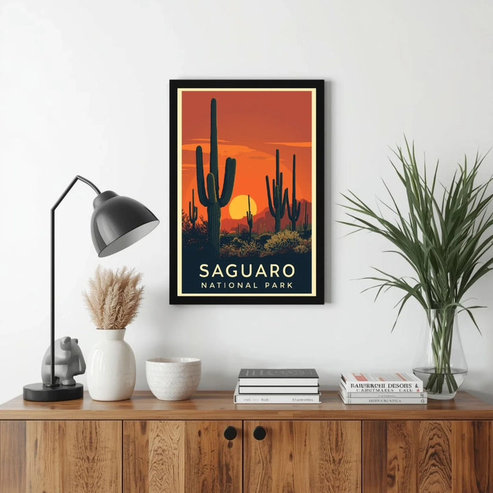 Framed poster of Saguaro National Park on a wall above a wooden console table with decor items.