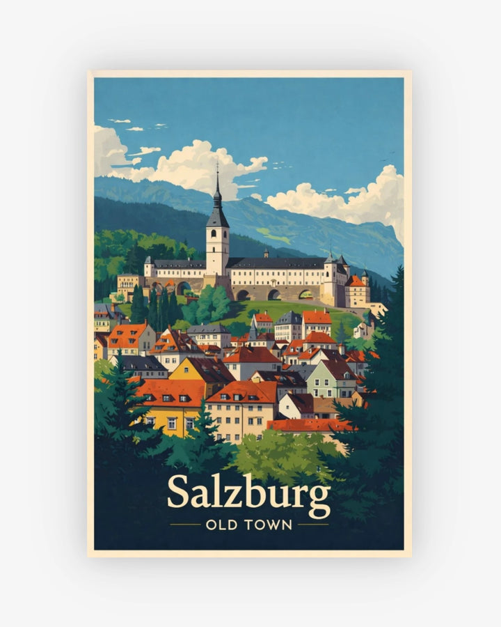 Vintage-style poster of Salzburg Old Town with mountains in the background