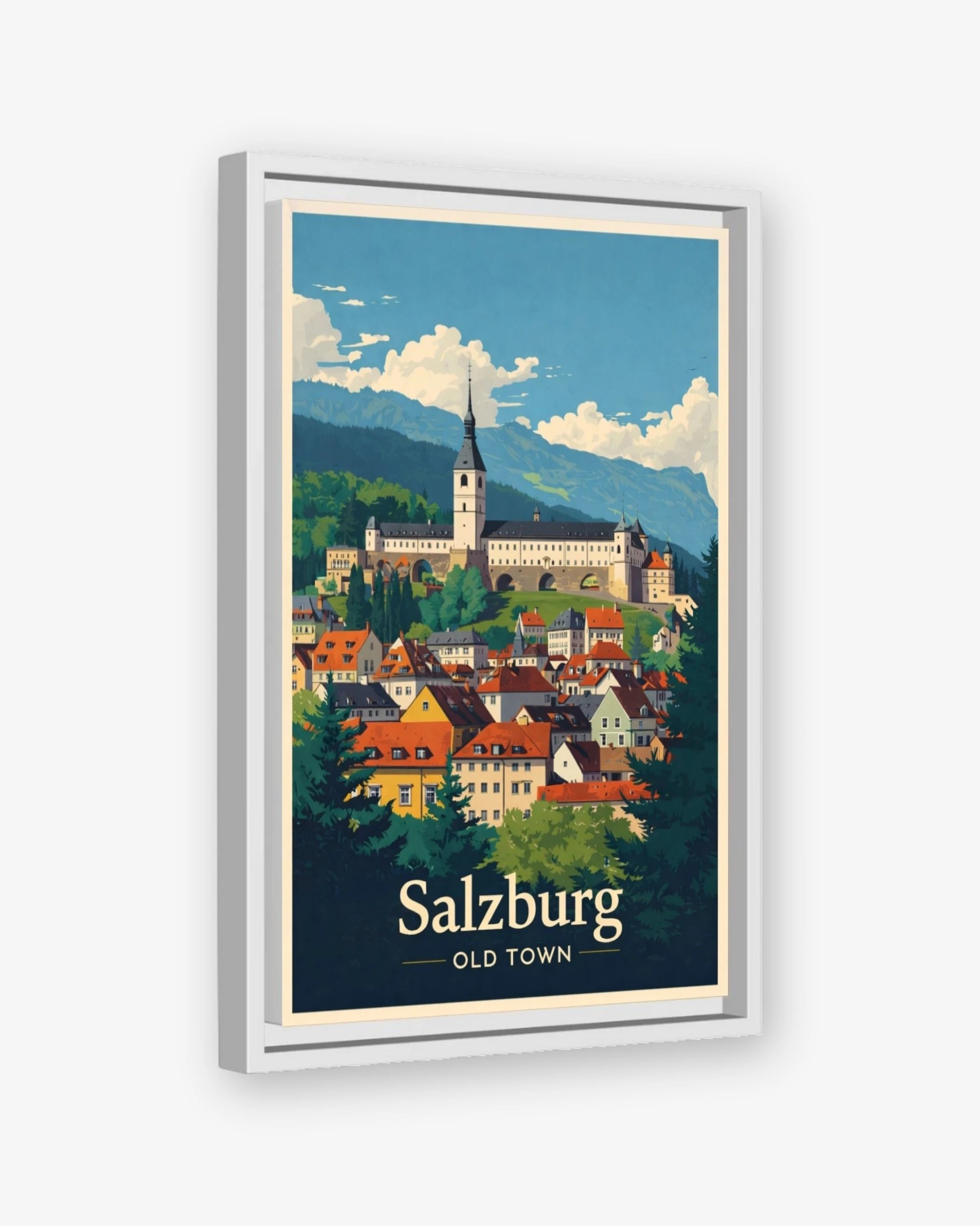 Salzburg Old Town travel poster white framed canvas