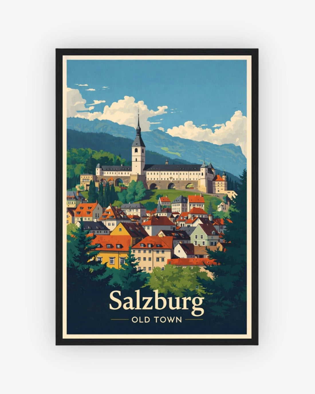 Salzburg Old Town travel poster with black frame